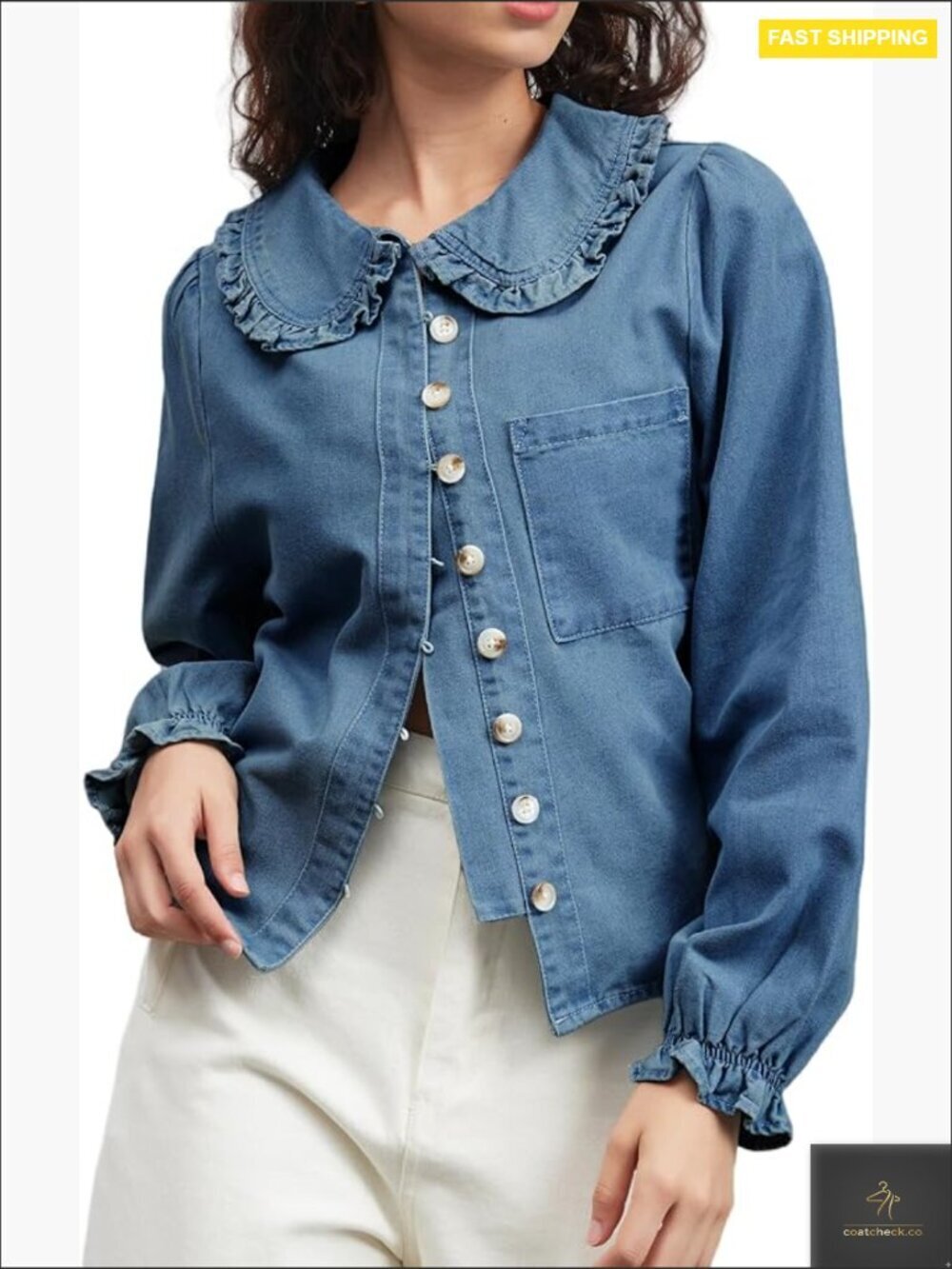 Denim Button Down Blouse Puff Sleeve Peter Pan Collar Chic Casual Top